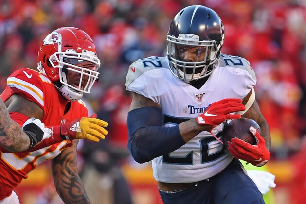 KANSAS CITY, MO - JANUARY 19:  Running back Derrick Henry #22 of the Tennessee Titans runs up field against the Kansas City Chiefs in the first half in the AFC Championship Game at Arrowhead Stadium on January 19, 2020 in Kansas City, Missouri. (Photo by Peter G. Aiken/Getty Images)