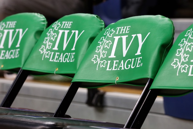 PHILADELPHIA, PA - MARCH 11: The Ivy League logo is displayed on chairs on the players bench during a game between the Princeton Tigers and the Pennsylvania Quakers at The Palestra during the semifinals of the Ivy League Basketball Tournament on March 11, 2017 in Philadelphia, Pennsylvania. Princeton won 72-64 in overtime. (Photo by Hunter Martin/Getty Images)
