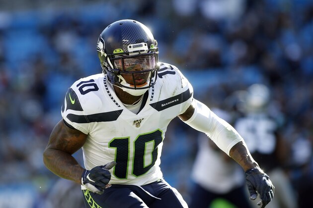 In this Dec. 15, 2019 photo Seattle Seahawks wide receiver Josh Gordon (10) sets up against the Carolina Panthers during the second half of an NFL football game in Charlotte, N.C. The NFL has suspended indefinitely Josh Gordon for violating league policies on performance enhancers. Gordon was reinstated by the NFL in August after having been suspended indefinitely in December 2018, missing the final three games of last season for violations of the league's substance abuse policy. (AP Photo/Brian Blanco)