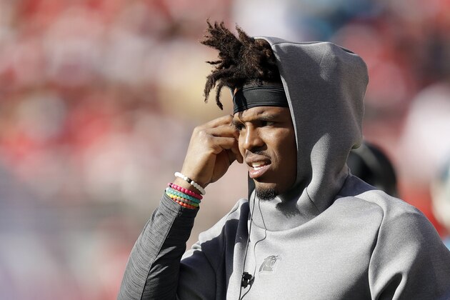 FILE - In this Oct. 27, 2019, file photo, Carolina Panthers quarterback Cam Newton stands on the sidelines during the second half of an NFL football game against the against the San Francisco 49ers in Santa Clara, Calif  Jameis Winston, Jadeveon Clowney and Newtown didn't have to wait long at all to find homes in the NFL when they came out of college. The three former No. 1 overall draft picks are finding things moving much more slowly as they search for new homes or contracts this offseason. (AP Photo/Ben Margot, File)