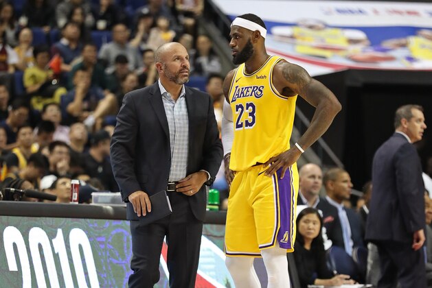 SHANGHAI, CHINA - OCTOBER 10: LeBron James #13 and Jason Kidd of the Los Angeles Lakers talk during a preseason game as part of 2019 NBA Global Games China on October 10, 2019 at Mercedes Benz Arena in Shanghai, China. NOTE TO USER: User expressly acknowledges and agrees that, by downloading and/or using this Photograph, user is consenting to the terms and conditions of the Getty Images License Agreement. Mandatory Copyright Notice: Copyright 2019 NBAE (Photo by Nathaniel S. Butler/NBAE via Getty Images)