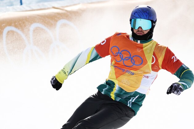 PYEONGCHANG-GUN, SOUTH KOREA - FEBRUARY 15:  Alex Pullin of Australia (yellow) celebrates winning the Men's Snowboard Cross Semifinal 1 on day six of the PyeongChang 2018 Winter Olympic Games at Phoenix Snow Park on February 15, 2018 in Pyeongchang-gun, South Korea.  (Photo by Clive Rose/Getty Images)