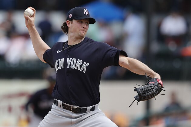 New York Yankees starting pitcher Gerrit Cole throws during a spring training baseball game against the Detroit Tigers, Thursday, March 5, 2020, in Lakeland, Fla. (AP Photo/Carlos Osorio)