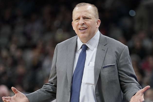 Minnesota Timberwolves head coach Tom Thibodeau reacts to a call during the second half of an NBA basketball game against the San Antonio Spurs, Friday, Dec. 21, 2018, in San Antonio. (AP Photo/Darren Abate)