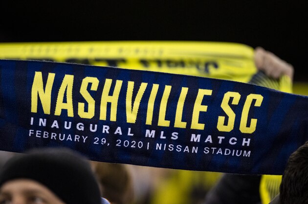 NASHVILLE, TN - FEBRUARY 29:  Detail view of a Nashville SC scarf held by a fan before the match against the Atlanta United at Nissan Stadium on February 29, 2020 in Nashville, Tennessee. (Photo by Brett Carlsen/Getty Images)