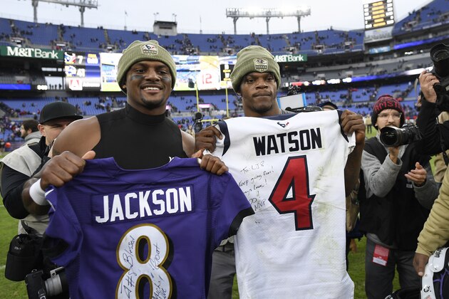 Houston Texans quarterback Deshaun Watson, left, and Baltimore Ravens quarterback Lamar Jackson pose for photographers after swapping jerseys after an NFL football game, Sunday, Nov. 17, 2019, in Baltimore. The Ravens won 41-7. (AP Photo/Nick Wass) Houston Texans quarterback Deshaun Watson, left, and Baltimore Ravens quarterback Lamar Jackson pose for photographers after swapping jerseys after an NFL football game, Sunday, Nov. 17, 2019, in Baltimore. The Ravens won 41-7. (AP Photo/Nick Wass)