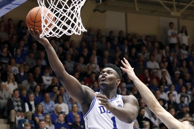 Duke's Zion Williamson (1) drives to the net against North Carolina State during the second half of an NCAA college basketball game in Durham, N.C., Saturday, Feb. 16, 2019. (AP Photo/Chris Seward)