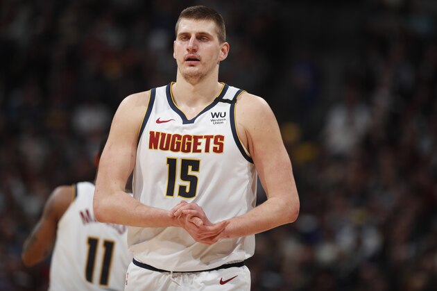 Denver Nuggets center Nikola Jokic (15) in the second half of an NBA basketball game Monday, March 9, 2020, in Denver. The Nuggets won 109-95. (AP Photo/David Zalubowski)