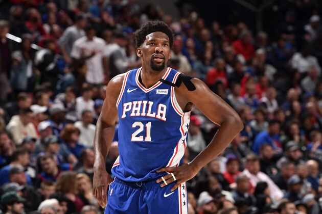 PHILADELPHIA, PA - MARCH 11: Joel Embiid #21 of the Philadelphia 76ers looks on during the game against the Detroit Pistons on March 11, 2020 at the Wells Fargo Center in Philadelphia, Pennsylvania. NOTE TO USER: User expressly acknowledges and agrees that, by downloading and/or using this Photograph, user is consenting to the terms and conditions of the Getty Images License Agreement. Mandatory Copyright Notice: Copyright 2020 NBAE (Photo by David Dow/NBAE via Getty Images)