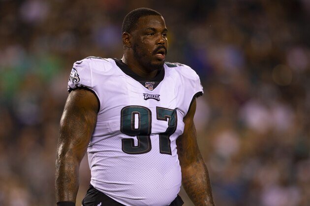 PHILADELPHIA, PA - AUGUST 22: Malik Jackson #97 of the Philadelphia Eagles looks on against the Baltimore Ravens in the preseason game at Lincoln Financial Field on August 22, 2019 in Philadelphia, Pennsylvania. (Photo by Mitchell Leff/Getty Images)