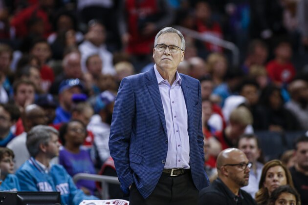 Houston Rockets head coach Mike D'Antoni watches his team during the first half of an NBA basketball game against the Charlotte Hornets in Charlotte, N.C., Saturday, March 7, 2020. Charlotte won 108-99. (AP Photo/Nell Redmond)