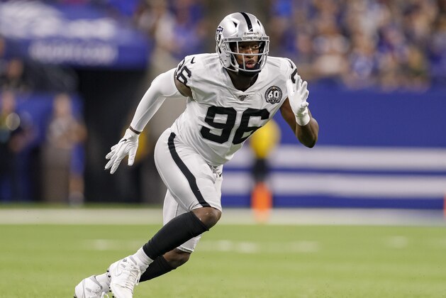 INDIANAPOLIS, IN - SEPTEMBER 29: Clelin Ferrell #96 of the Oakland Raiders rushes during the game against the Indianapolis Colts at Lucas Oil Stadium on September 29, 2019 in Indianapolis, Indiana. (Photo by Michael Hickey/Getty Images)
