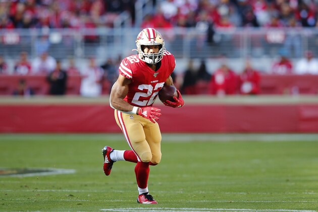 San Francisco 49ers running back Matt Breida (22) against the Atlanta Falcons during an NFL football game in Santa Clara, Calif., Sunday, Dec. 15, 2019. (AP Photo/John Hefti)