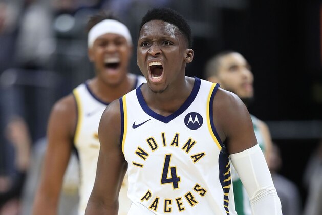 INDIANAPOLIS, INDIANA - MARCH 10:  Victor Oladipo #4 of the Indiana Pacers celebrates in the game against the Boston Celtics at Bankers Life Fieldhouse on March 10, 2020 in Indianapolis, Indiana.    NOTE TO USER: User expressly acknowledges and agrees that, by downloading and or using this photograph, User is consenting to the terms and conditions of the Getty Images License Agreement. (Photo by Andy Lyons/Getty Images)