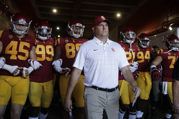 FILE - In this Saturday, Sept. 9, 2017, file photo, Southern California head coach Clay Helton leads his players through the tunnel before an NCAA college football game against Stanford in Los Angeles. The No. 4 Trojans should be wary of Texas’ visit to the Coliseum on Saturday night for a marquee early-season showdown. (AP Photo/Jae C. Hong, File)