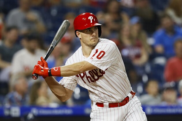 Philadelphia Phillies' J.T. Realmuto bats during a baseball game against the Atlanta Braves, Wednesday, Sept. 11, 2019, in Philadelphia. (AP Photo/Matt Slocum)