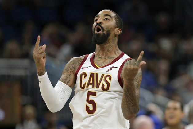 Cleveland Cavaliers' J.R. Smith celebrates after making a 3-point shot against the Orlando Magic during the second half of an NBA basketball game, Monday, Nov. 5, 2018, in Orlando, Fla. (AP Photo/John Raoux)