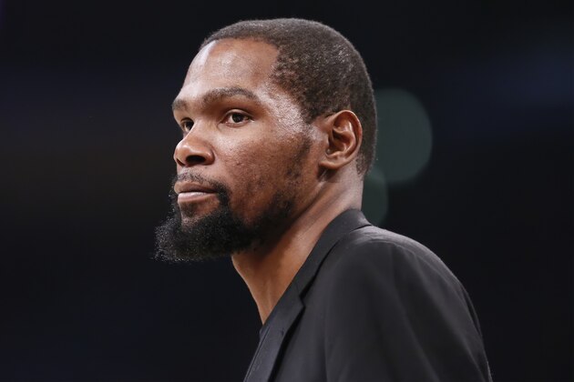 LOS ANGELES, CA - MARCH 10: Kevin Durant looks on during a game at the Staples Center on March 10, 2020 in Los Angeles, CA. NOTE TO USER: User expressly acknowledges and agrees that, by downloading and or using this photograph, User is consenting to the terms and conditions of the Getty Images License Agreement. Mandatory Credit: 2020 NBAE (Photo by Chris Elise/NBAE via Getty Images)