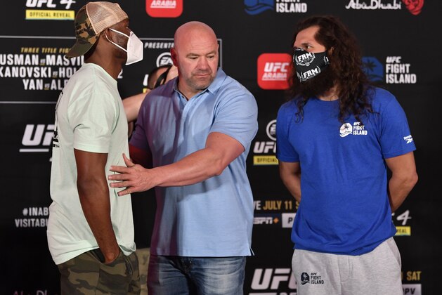 ABU DHABI, UNITED ARAB EMIRATES - JULY 10: (L-R) Opponents Kamaru Usman of Nigeria and Jorge Masvidal face off during the UFC 251 official weigh-in inside Flash Forum at UFC Fight Island on July 10, 2020 on Yas Island Abu Dhabi, United Arab Emirates. (Photo by Jeff Bottari/Zuffa LLC) ABU DHABI, UNITED ARAB EMIRATES - JULY 10: (L-R) Opponents Kamaru Usman of Nigeria and Jorge Masvidal face off during the UFC 251 official weigh-in inside Flash Forum at UFC Fight Island on July 10, 2020 on Yas Island Abu Dhabi, United Arab Emirates. (Photo by Jeff Bottari/Zuffa LLC)