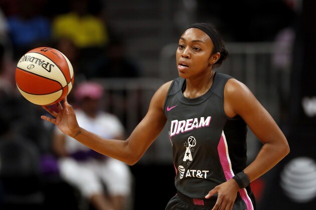 Atlanta Dream guard Renee Montgomery (21) cases the ball in the first half of a WNBA basketball game against the Chicago Sky Tuesday, Aug. 20, 2019, in Atlanta. (AP Photo/John Bazemore)