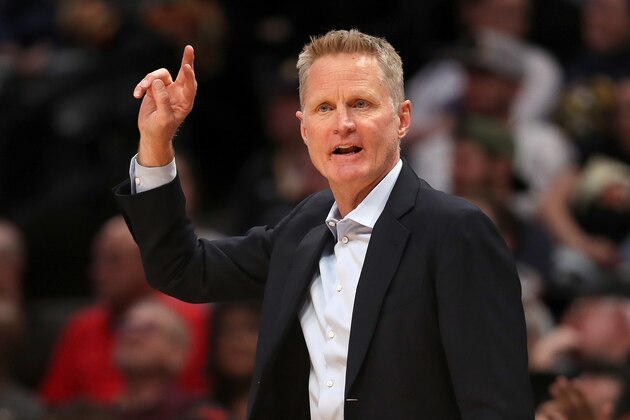 DENVER, COLORADO - MARCH 03: Head coach Steve Kerr of the Golden State Warriors works the sidelines against the Denver Nuggets in the fourth quarter at the Pepsi Center on March 03, 2020 in Denver, Colorado. NOTE TO USER: User expressly acknowledges and agrees that, by downloading and or using this photograph, User is consenting to the terms and conditions of the Getty Images License Agreement. ( (Photo by Matthew Stockman/Getty Images)