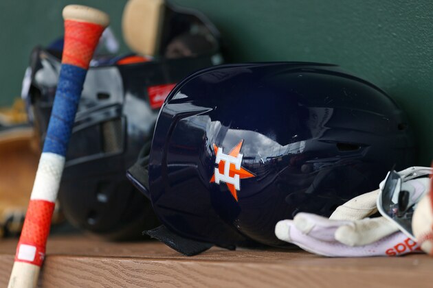 JUPITER, FL - MARCH 07: A  Houston Astros batting helmet and bat in their dugout during a spring training baseball game against the St. Louis Cardinals at Roger Dean Chevrolet Stadium on March 7, 2020 in Jupiter, Florida. The Cardinals defeated the Astros 5-1. (Photo by Rich Schultz/Getty Images)