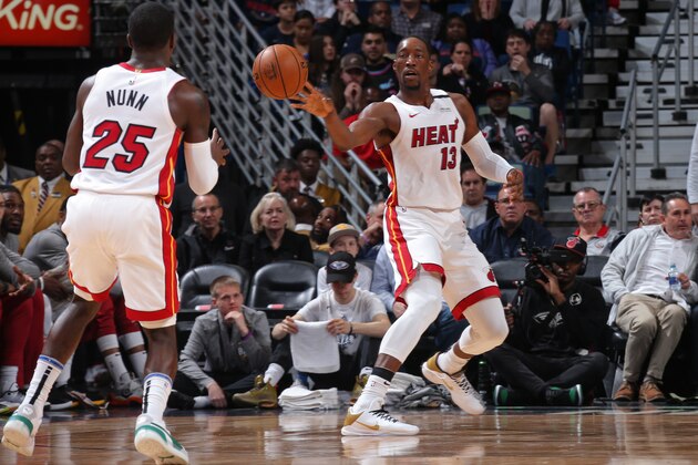 NEW ORLEANS, LA - MARCH 6: Bam Adebayo #13 of the Miami Heat passes the ball to Kendrick Nunn #25 of the Miami Heat on March 6, 2020 at the Smoothie King Center in New Orleans, Louisiana. NOTE TO USER: User expressly acknowledges and agrees that, by downloading and or using this Photograph, user is consenting to the terms and conditions of the Getty Images License Agreement. Mandatory Copyright Notice: Copyright 2020 NBAE (Photo by Layne Murdoch Jr./NBAE via Getty Images)