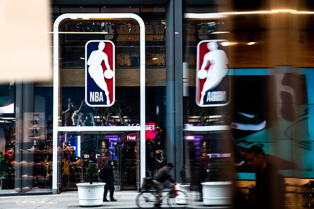 NEW YORK, NY - MARCH 12: An NBA logo is shown at the 5th Avenue NBA store on March 12, 2020 in New York City. The National Basketball Association said they would suspend all games after player Rudy Gobert of the Utah Jazz reportedly tested positive for the Coronavirus (COVID-19). (Photo by Jeenah Moon/Getty Images)