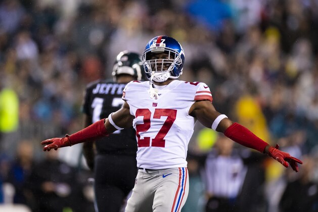 PHILADELPHIA, PA - DECEMBER 09:  Deandre Baker #27 of the New York Giants celebrates breaking up a pass intended for Alshon Jeffery #17 of the Philadelphia Eagles during the first quarter at Lincoln Financial Field on December 9, 2019 in Philadelphia, Pennsylvania.  (Photo by Brett Carlsen/Getty Images)