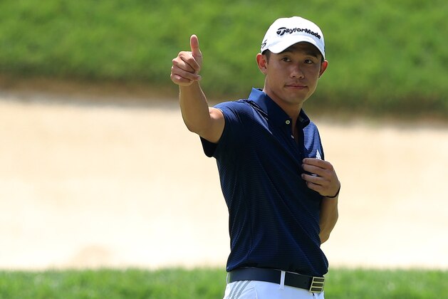 DUBLIN, OHIO - JULY 10: Collin Morikawa of the United States reacts on the ninth green during the second round of the Workday Charity Open on July 10, 2020 at Muirfield Village Golf Club in Dublin, Ohio. (Photo by Sam Greenwood/Getty Images)