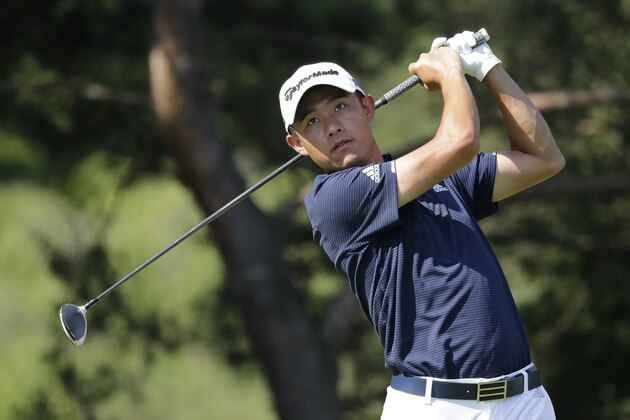 Collin Morikawa hits a drive on the second hole during the second round of the Workday Charity Open golf tournament, Friday, July 10, 2020, in Dublin, Ohio. (AP Photo/Darron Cummings)