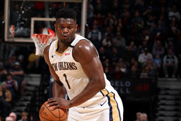MINNEAPOLIS, MN -  MARCH 8: Zion Williamson #1 of the New Orleans Pelicans handles the ball against the Minnesota Timberwolves on March 8, 2020 at Target Center in Minneapolis, Minnesota. NOTE TO USER: User expressly acknowledges and agrees that, by downloading and or using this Photograph, user is consenting to the terms and conditions of the Getty Images License Agreement. Mandatory Copyright Notice: Copyright 2020 NBAE (Photo by David Sherman/NBAE via Getty Images)