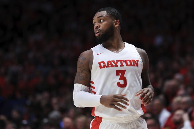 Dayton's Trey Landers (3) reacts in the first half of an NCAA college basketball game against Duquesne, Saturday, Feb. 22, 2020, in Dayton, Ohio. Dayton won 80-70. (AP Photo/Aaron Doster)
