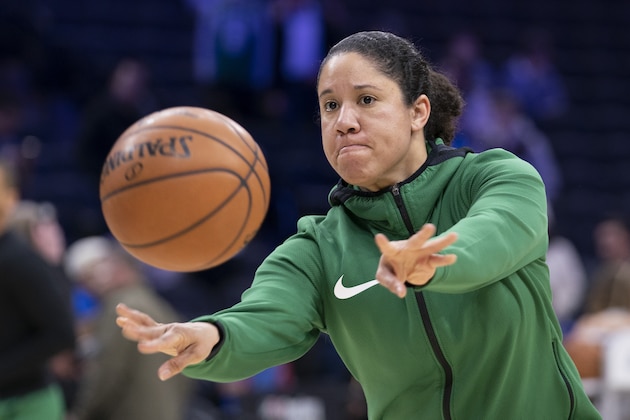 PHILADELPHIA, PA - JANUARY 09: Assistant coach Kara Lawson of the Boston Celtics passes the ball prior to the game against the Philadelphia 76ers at the Wells Fargo Center on January 9, 2020 in Philadelphia, Pennsylvania. NOTE TO USER: User expressly acknowledges and agrees that, by downloading and/or using this photograph, user is consenting to the terms and conditions of the Getty Images License Agreement. (Photo by Mitchell Leff/Getty Images)