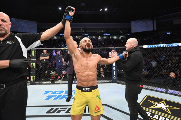 NORFOLK, VA - FEBRUARY 29:  Deiveson Figueiredo reacts after defeating Joseph Benavidez in their flyweight championship bout during the UFC Fight Night event at Chartway Arena on February 29, 2020 in Norfolk, Virginia. (Photo by Josh Hedges/Zuffa LLC via Getty Images)