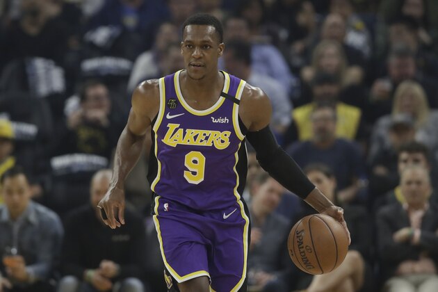 Los Angeles Lakers guard Rajon Rondo (9) during an NBA basketball game against the Golden State Warriors in San Francisco, Thursday, Feb. 27, 2020. (AP Photo/Jeff Chiu)