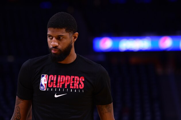 SAN FRANCISCO, CA - MARCH 10: Paul George #13 of the LA Clippers looks on prior to a game against the Golden State Warriors on March 10, 2020 at Chase Center in San Francisco, California. NOTE TO USER: User expressly acknowledges and agrees that, by downloading and or using this photograph, user is consenting to the terms and conditions of Getty Images License Agreement. Mandatory Copyright Notice: Copyright 2020 NBAE (Photo by Noah Graham/NBAE via Getty Images) SAN FRANCISCO, CA - MARCH 10: Paul George #13 of the LA Clippers looks on prior to a game against the Golden State Warriors on March 10, 2020 at Chase Center in San Francisco, California. NOTE TO USER: User expressly acknowledges and agrees that, by downloading and or using this photograph, user is consenting to the terms and conditions of Getty Images License Agreement. Mandatory Copyright Notice: Copyright 2020 NBAE (Photo by Noah Graham/NBAE via Getty Images)