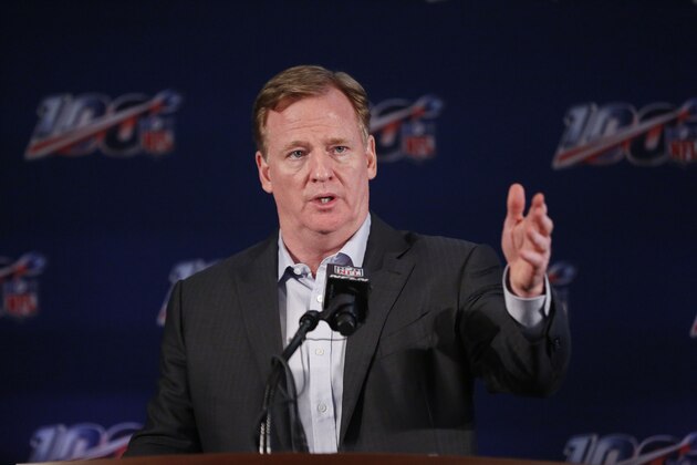 NFL Commissioner Roger Goodell speaks to the media during the NFL football owners meeting on Wednesday, May 22, 2019, in Key Biscayne, Fla. (AP Photo/Brynn Anderson)