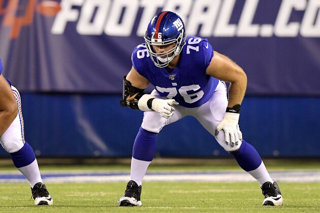 EAST RUTHERFORD, NEW JERSEY - AUGUST 16: Nate Solder #76 of the New York Giants lines up for the play against the Chicago Bears during a preseason game at MetLife Stadium on August 16, 2019 in East Rutherford, New Jersey. (Photo by Steven Ryan/Getty Images)