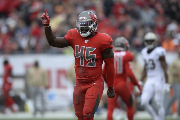 Tampa Bay Buccaneers linebacker Devin White (45) celebrates against the New Orleans Saints during the first half of an NFL football game Sunday, Nov. 17, 2019, in Tampa, Fla. (AP Photo/Jason Behnken) Tampa Bay Buccaneers linebacker Devin White (45) celebrates against the New Orleans Saints during the first half of an NFL football game Sunday, Nov. 17, 2019, in Tampa, Fla. (AP Photo/Jason Behnken)