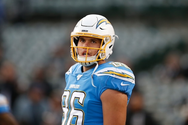OAKLAND, CALIFORNIA - NOVEMBER 07: Hunter Henry #86 of the Los Angeles Chargers looks on during the warm up before the game against the Oakland Raiders at RingCentral Coliseum on November 07, 2019 in Oakland, California. (Photo by Lachlan Cunningham/Getty Images)