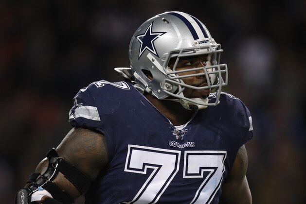 Dallas Cowboys offensive tackle Tyron Smith (77) runs off the field against the Chicago Bears during an NFL football game, Thursday, Dec. 5, 2019, in Chicago. The Bears won 31-24. (Jeff Haynes/AP Images for Panini)