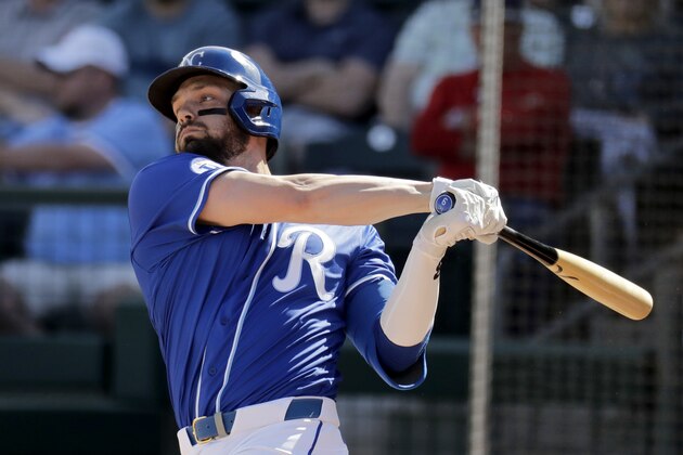 Kansas City Royals' Cam Gallagher bats during the second inning of a spring training baseball game against the Texas Rangers Friday, Feb. 21, 2020, in Surprise, Ariz. (AP Photo/Charlie Riedel) Kansas City Royals' Cam Gallagher bats during the second inning of a spring training baseball game against the Texas Rangers Friday, Feb. 21, 2020, in Surprise, Ariz. (AP Photo/Charlie Riedel)