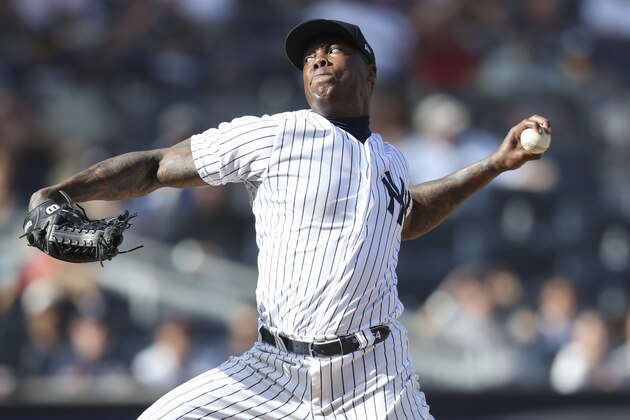 New York Yankees relief pitcher Aroldis Chapman delivers against the Oakland Athletics during the ninth inning of a baseball game, Saturday, Aug. 31, 2019, in New York. (AP Photo/Mary Altaffer)