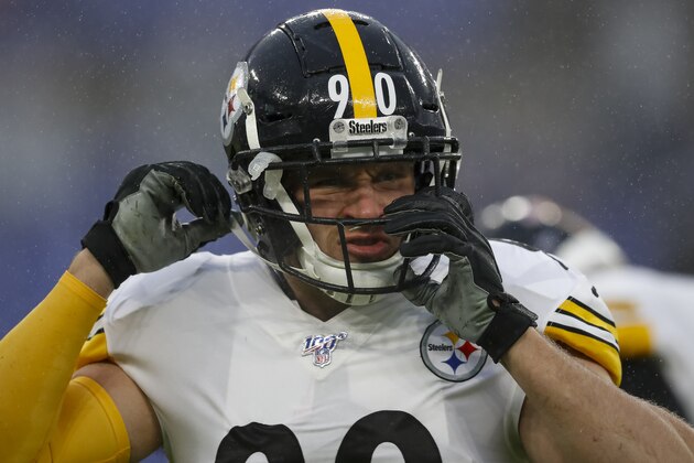 BALTIMORE, MD - DECEMBER 29: T.J. Watt #90 of the Pittsburgh Steelers adjusts his helmet before the game against the Baltimore Ravens at M&T Bank Stadium on December 29, 2019 in Baltimore, Maryland. (Photo by Scott Taetsch/Getty Images)
