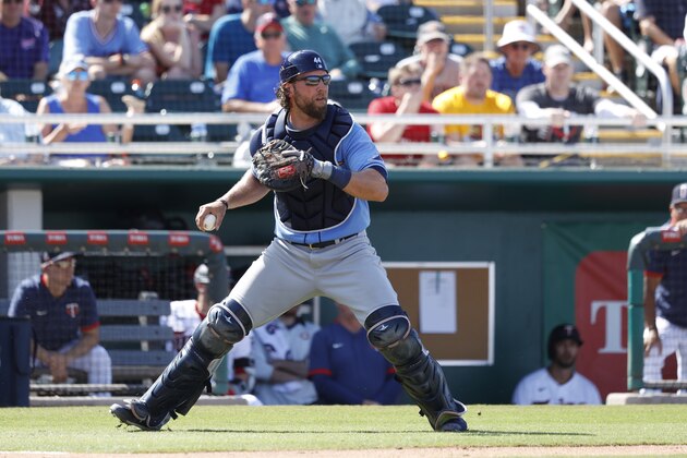 FORT MYERS, FL - MARCH 06: Kevan Smith #44 of the Tampa Bay Rays works behind the plate during a Grapefruit League spring training game against the Minnesota Twins at Hammond Stadium on March 6, 2020 in Fort Myers, Florida. The Twins defeated the Rays 5-3. (Photo by Joe Robbins/Getty Images)