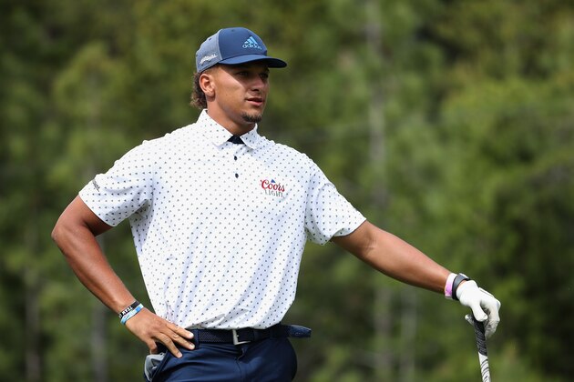 LAKE TAHOE, NEVADA - JULY 10: NFL athlete Patrick Mahomes of the Kansas City Chiefs waits to tee off on the 18th hole during round one of the American Century Championship at Edgewood Tahoe South golf course on July 10, 2020 in Lake Tahoe, Nevada. (Photo by Christian Petersen/Getty Images)