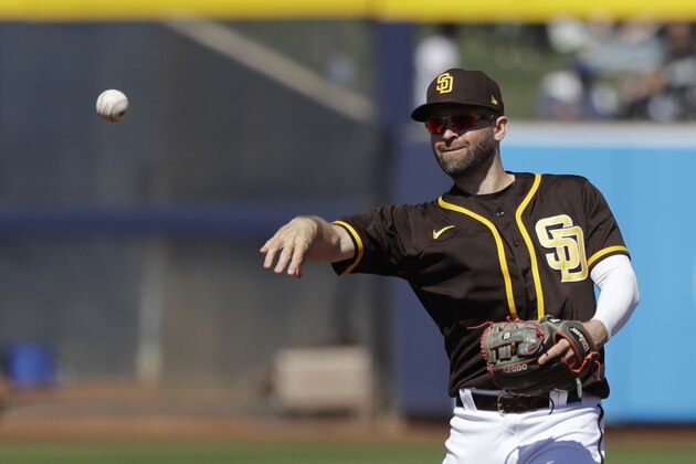 San Diego Padres second baseman Brian Dozier tosses a ball during a spring training baseball game against the Los Angeles Dodgers Monday, March 9, 2020, in Peoria, Ariz. (AP Photo/Elaine Thompson) San Diego Padres second baseman Brian Dozier tosses a ball during a spring training baseball game against the Los Angeles Dodgers Monday, March 9, 2020, in Peoria, Ariz. (AP Photo/Elaine Thompson)