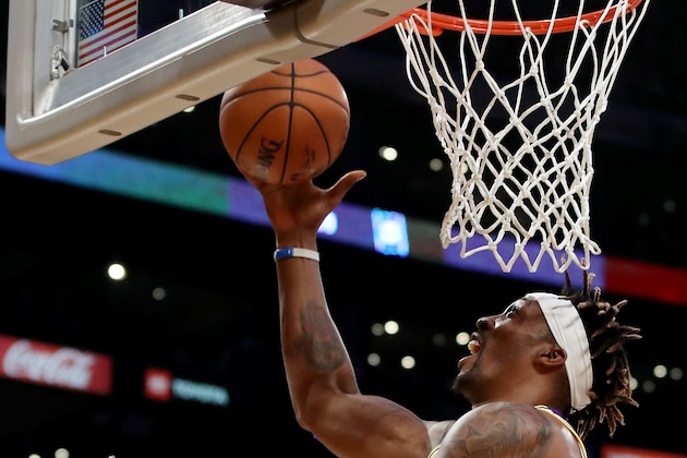 LOS ANGELES, CALIFORNIA - MARCH 03: Dwight Howard #39 of the Los Angeles Lakers goes to the basket against the Philadelphia 76ers during the second half at Staples Center on March 03, 2020 in Los Angeles, California. NOTE TO USER: User expressly acknowledges and agrees that, by downloading and or using this Photograph, user is consenting to the terms and conditions of the Getty Images License Agreement. (Photo by Katelyn Mulcahy/Getty Images)