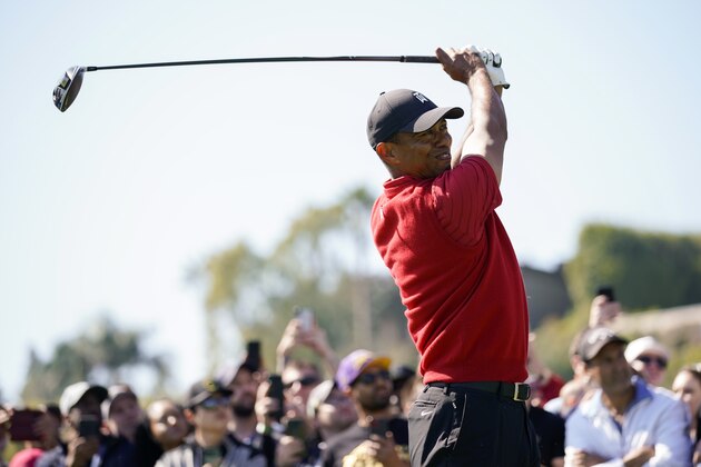 Tiger Woods tees off on the 18th hole during the final round of the Genesis Invitational golf tournament at Riviera Country Club, Sunday, Feb. 16, 2020, in the Pacific Palisades area of Los Angeles. (AP Photo/Ryan Kang)